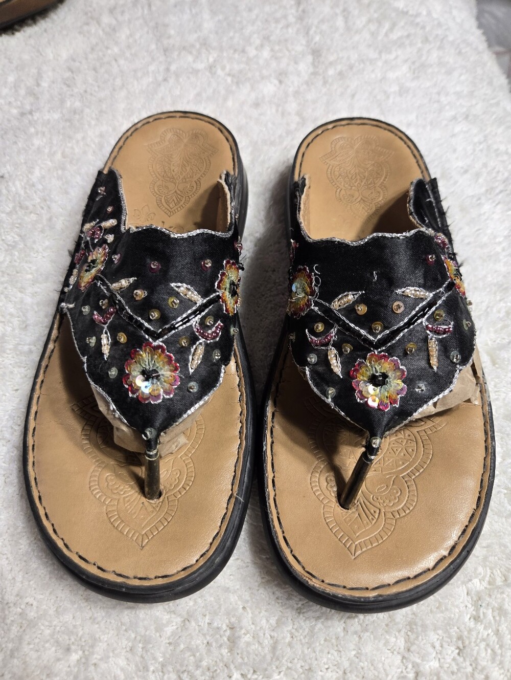Vintage Y2K Rieker Boho Floral Sequin Beaded Sandals Black Flip Flop Sz 38